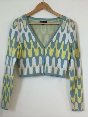Kendall & Kylie Retro Y2K Wave Cropped Cardigan in Sage, Yellow & White